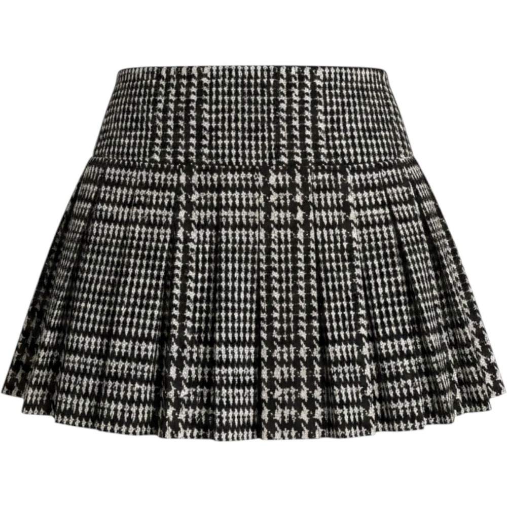 Norma Kamali Pleated Mini Skirt Brown White Houndstooth Glen Plaid Size M 34